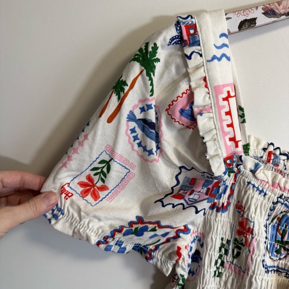 NEW MONTEAU Los Angeles Tropical Linen Blend Smocked Top Sqaure Neck Medium - Picture 3 of 6